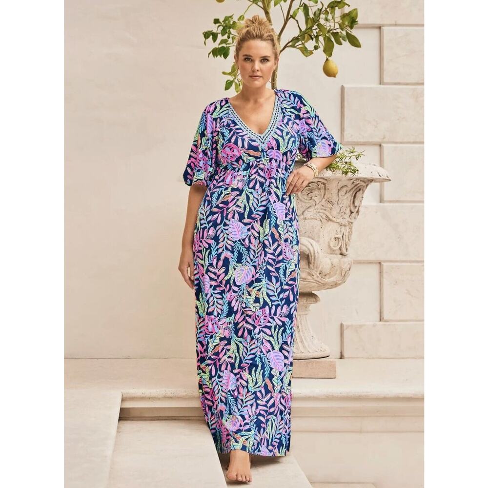 Lilly Pulitzer Manuela Maxi Dress‎ Oyster Bay Navy Pink Spotted V-Neck Sz XS